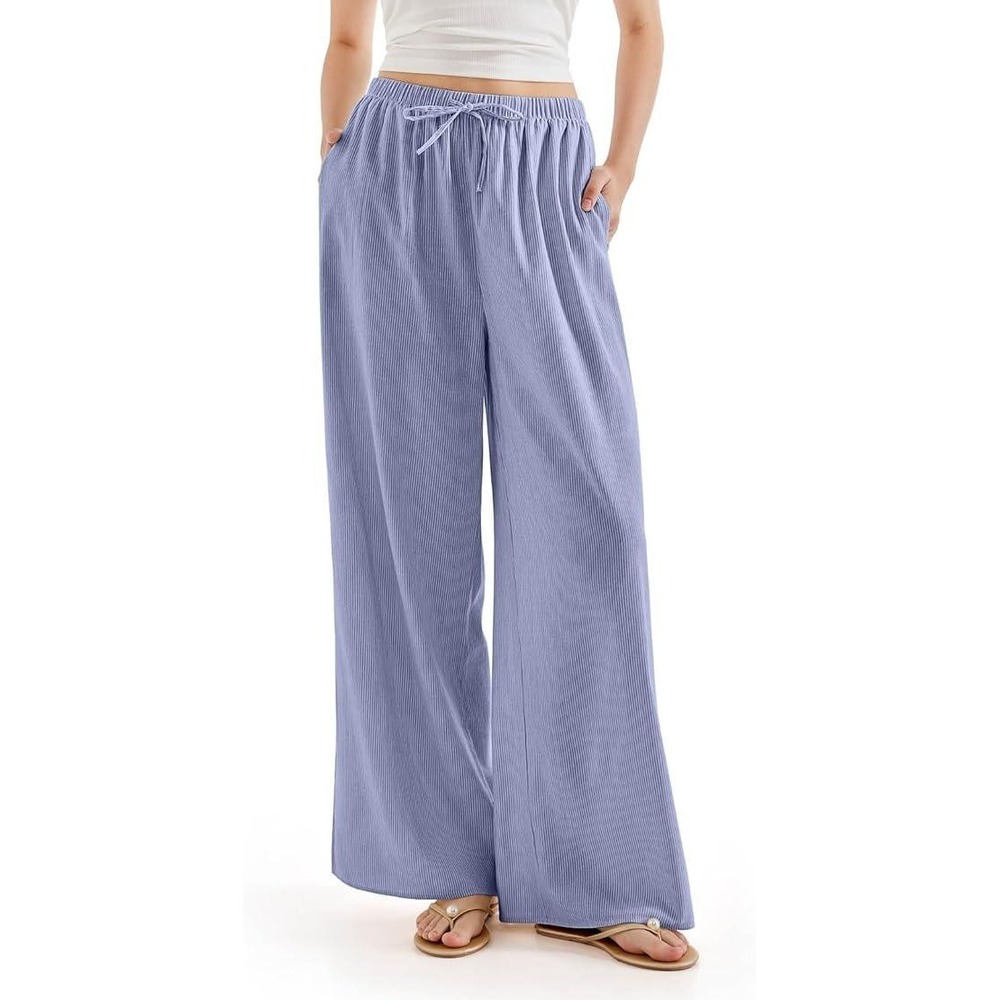 SUUKSESS Wide Leg Pants Womens Size L Blue Pinstripe Drawstring Casual Trousers